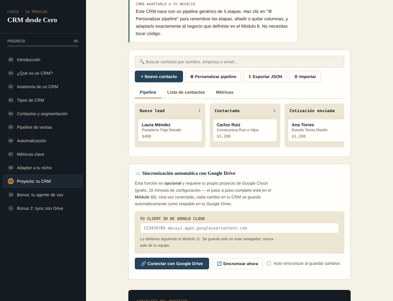 Captura real del CRM kanban del módulo 9: buscador, botones de nuevo contacto, personalizar pipeline, exportar e importar, y columnas del pipeline