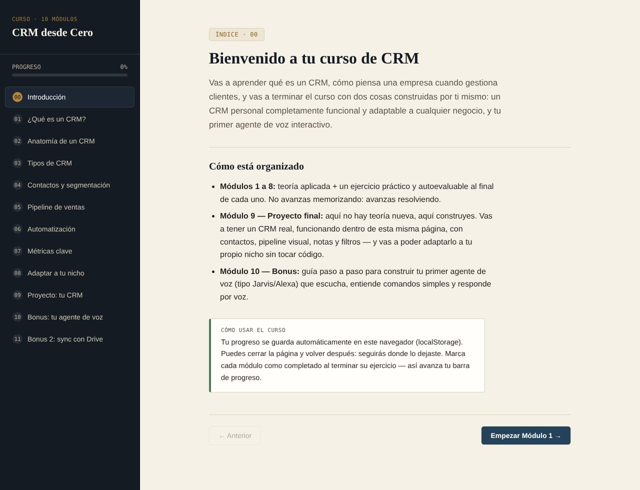 Pantalla de bienvenida del curso con el índice de módulos y la barra de progreso
