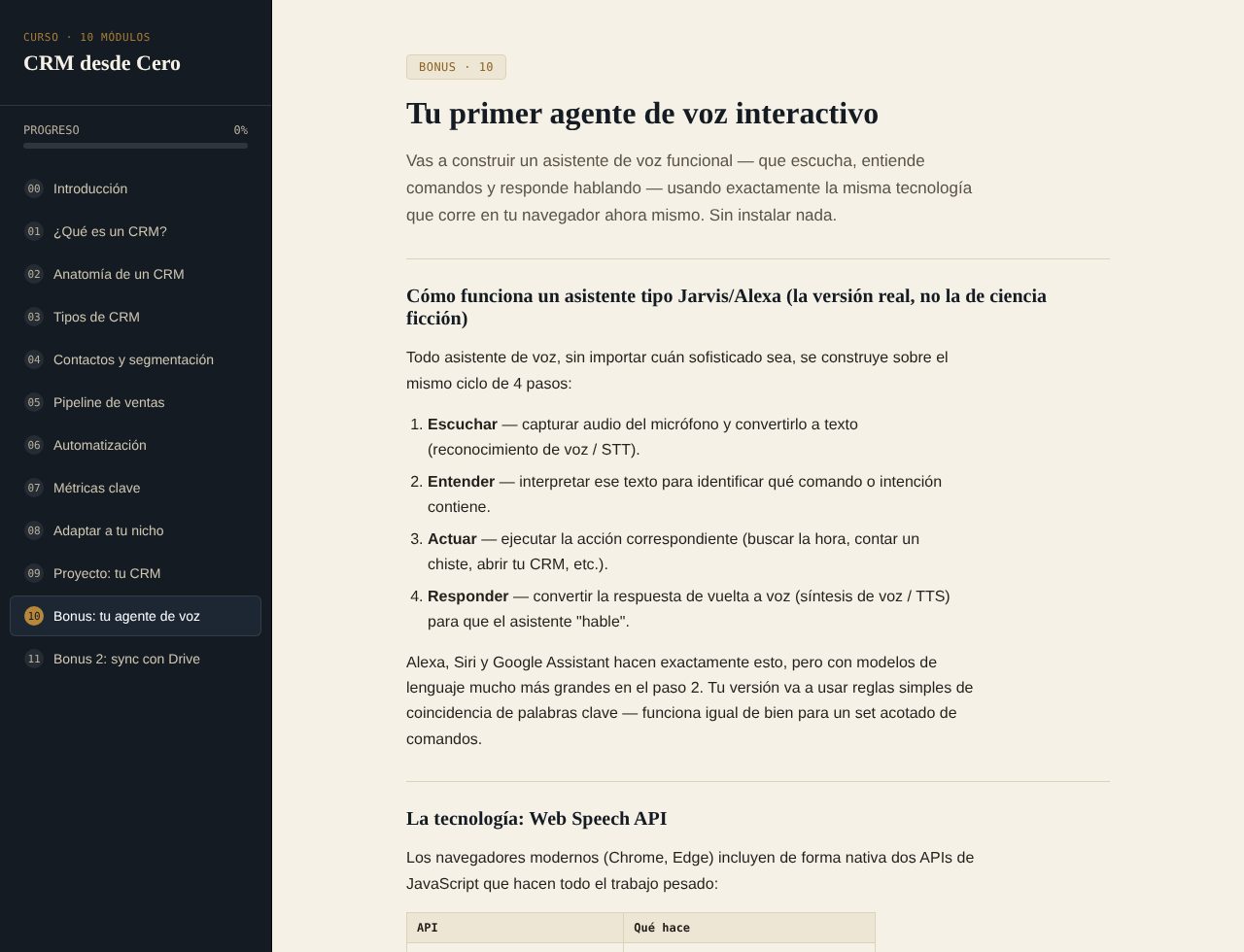 Módulo bonus donde se construye un agente de voz que escucha, entiende, actúa y responde
